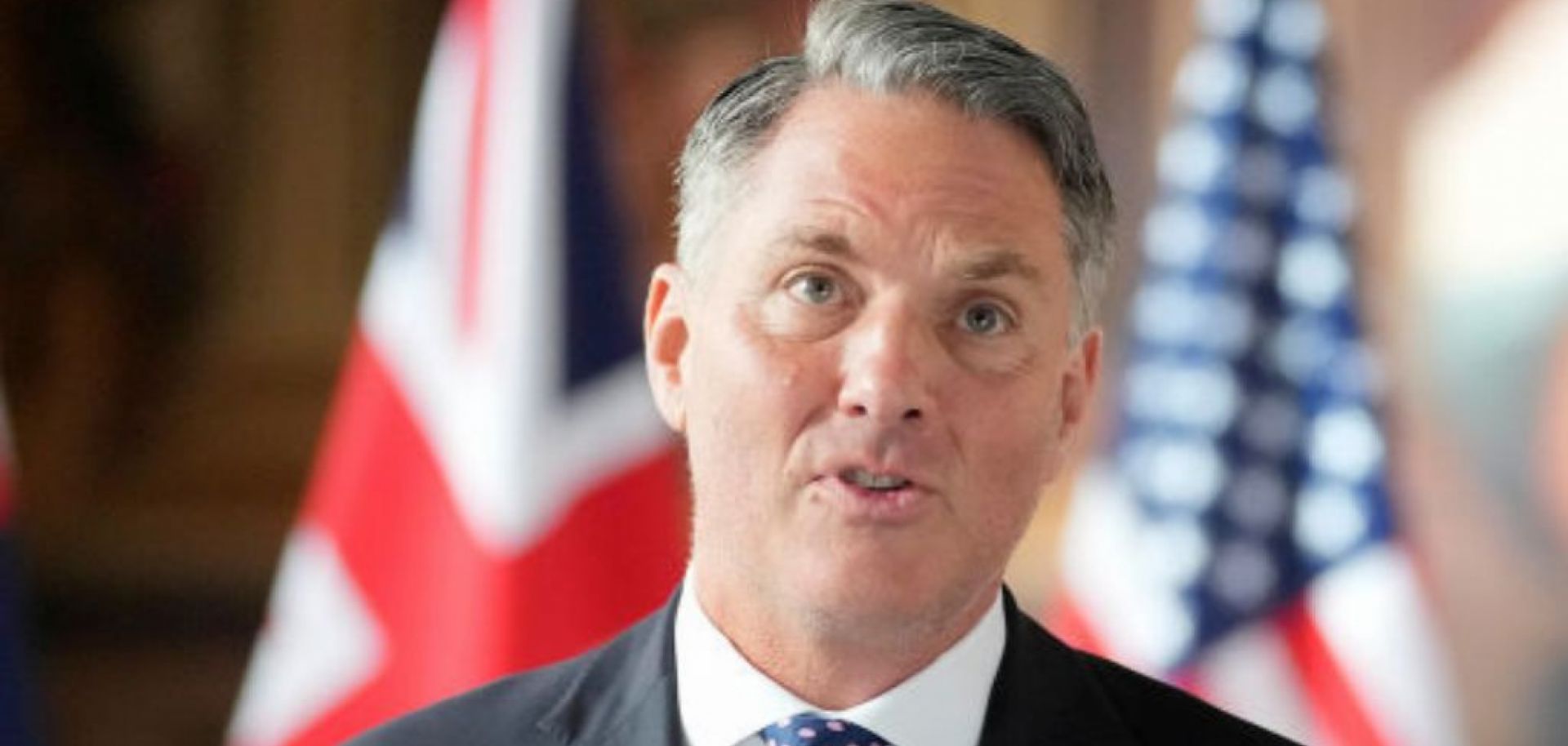 Australian Defense Minister Richard Marles and British Defense Secretary John Healey sit together for the AUKUS Defense Ministers Meeting at Old Royal Naval College on Sept. 26, 2024, in London, England.