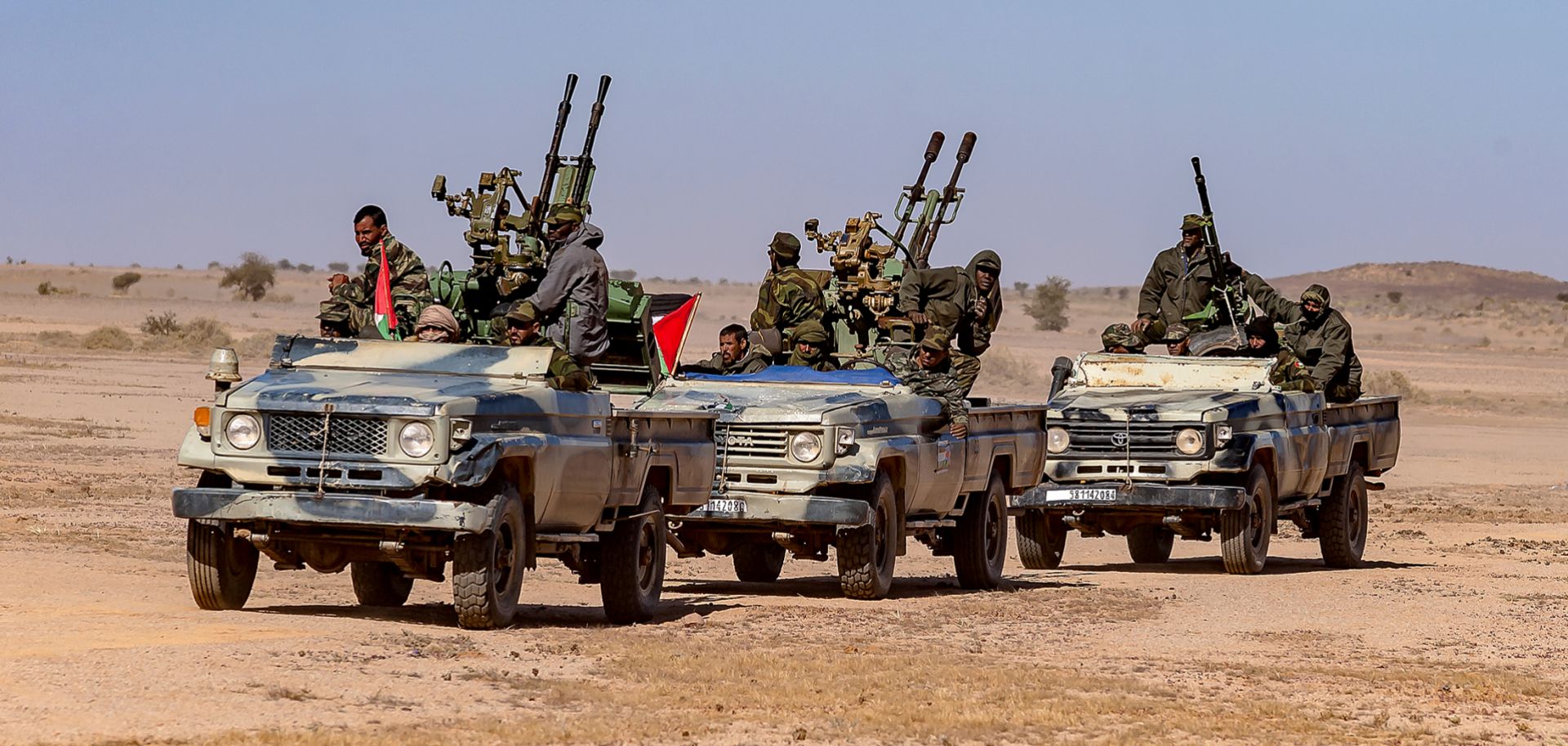 Military units from Western Sahara's military forces wait to begin maneuvers in Mehaires, Western Sahara, on Jan. 6, 2019.