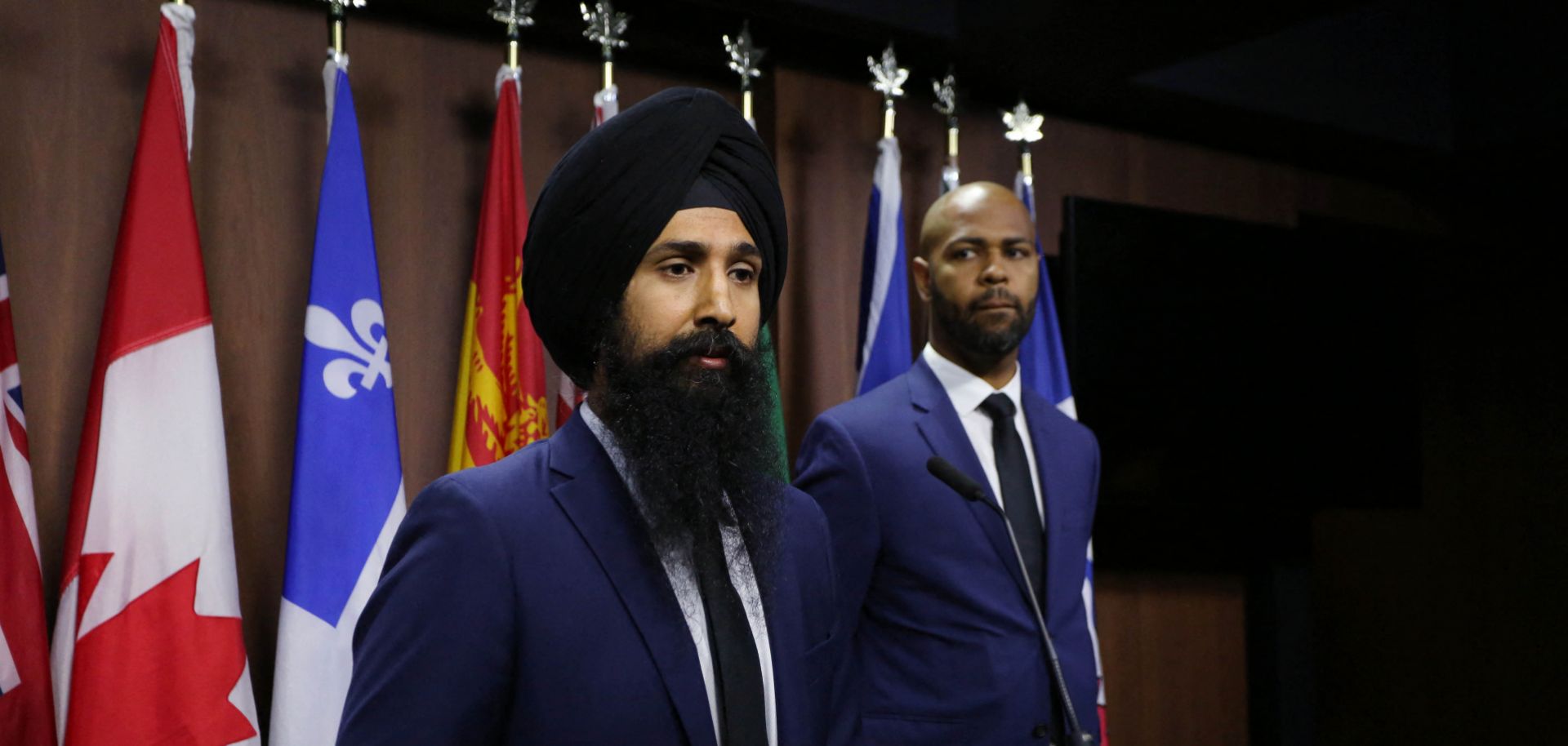 World Sikh Organization of Canada President Mukhbir Singh and National Council of Canadian Muslims CEO Stephen Brown speak during a press conference at the Canadian House of Commons in Ottawa on Sept. 19, 2023.