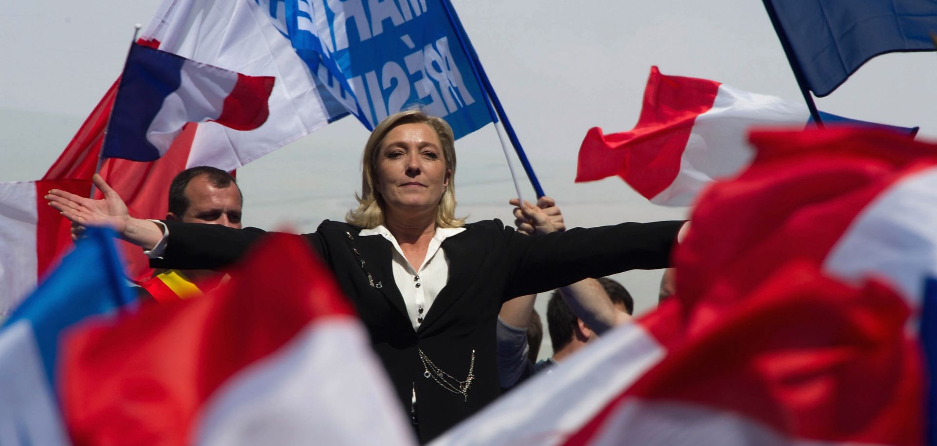 Marine Le Pen gestures as she delivers a speech during the French Far Right Party May Day demonstration on May 1, 2012 in Paris, France.