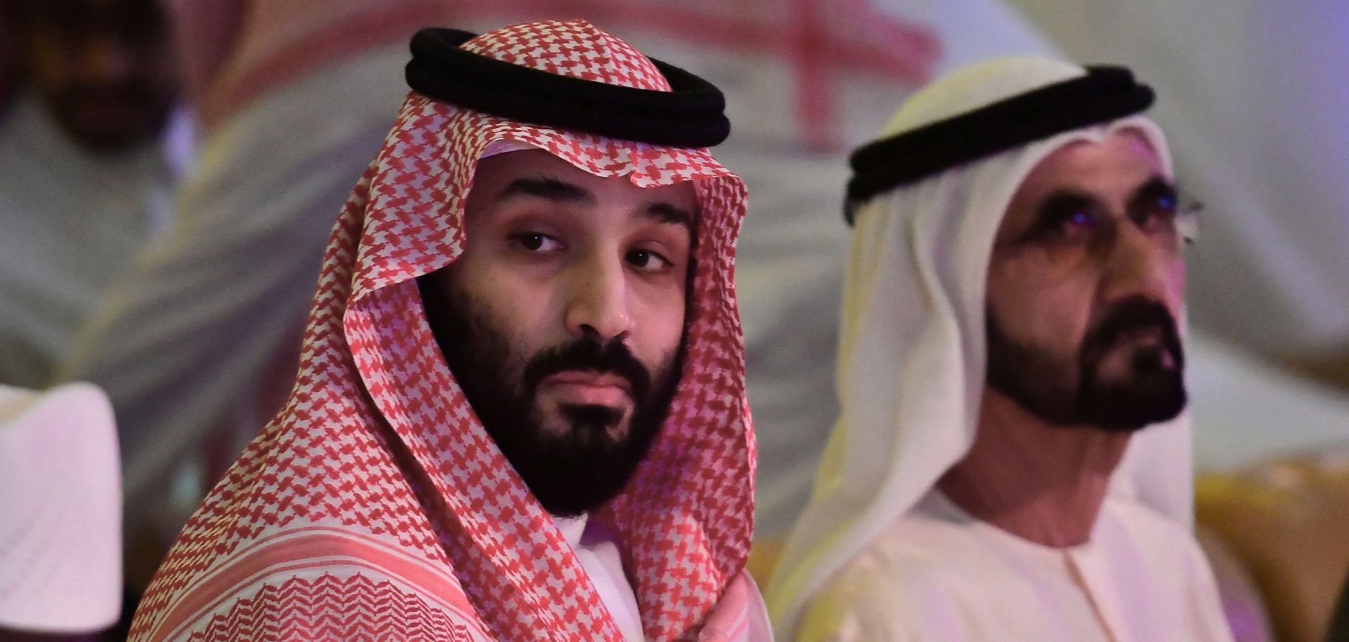 Saudi Crown Prince Mohammed bin Salman (left) sits next to UAE Vice President and Prime Minister Sheikh Mohammed bin Rashid Al Maktoum (right) during an investment summit in the Saudi capital of Riyadh on Oct. 24, 2018.