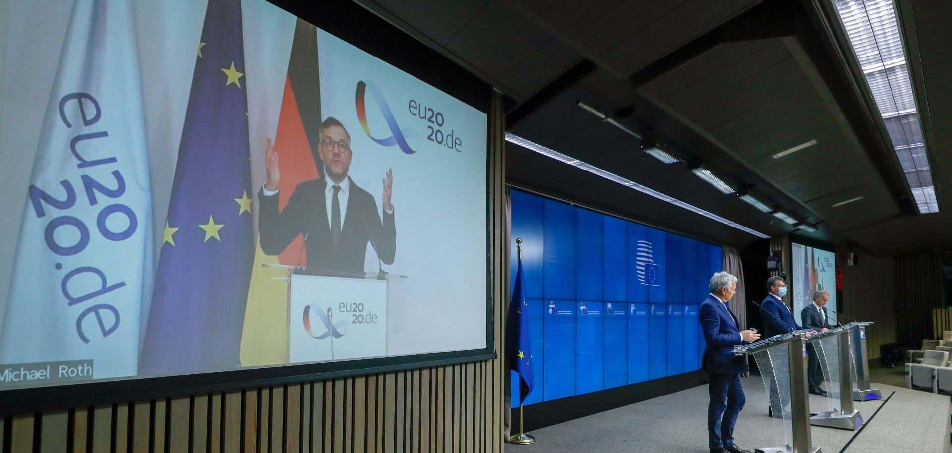 German Minister of State for European Affairs Michael Roth speaks on the screen during a virtual EU press conference in Brussels, Belgium, on Nov. 17, 2020. 