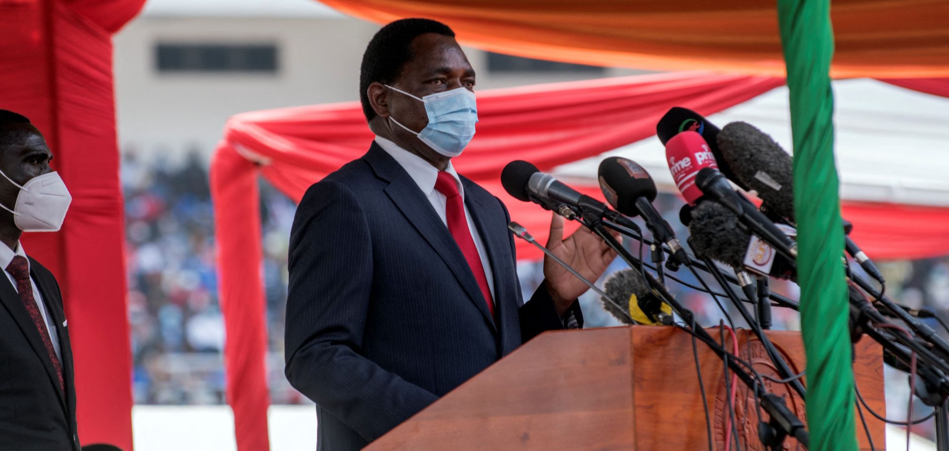 Newly elected Zambian President Hakainde Hichilema delivers a speech during his inauguration at the Heroes Stadium in Lusaka on Aug. 24, 2021. 