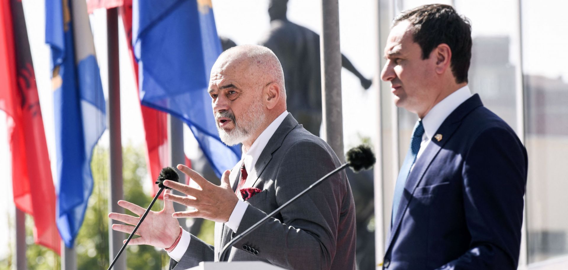 Kosovo Prime Minister Albin Kurti (right) and his Albanian counterpart, Edi Rama, hold a joint press conference in Pristina on Sept. 27, 2021. 