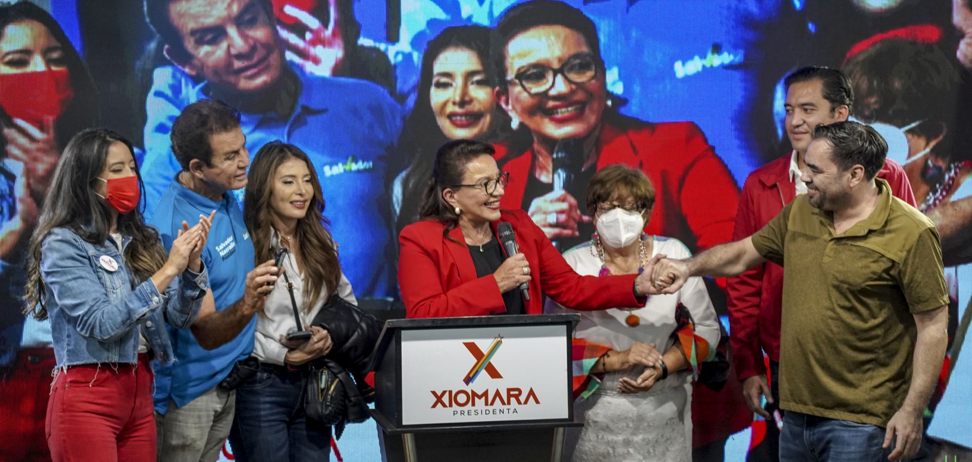 Honduran presidential candidate Xiomara Castro (third from right) speaks at a press conference on Nov. 28, 2021, in Tegucigalpa, Honduras. 