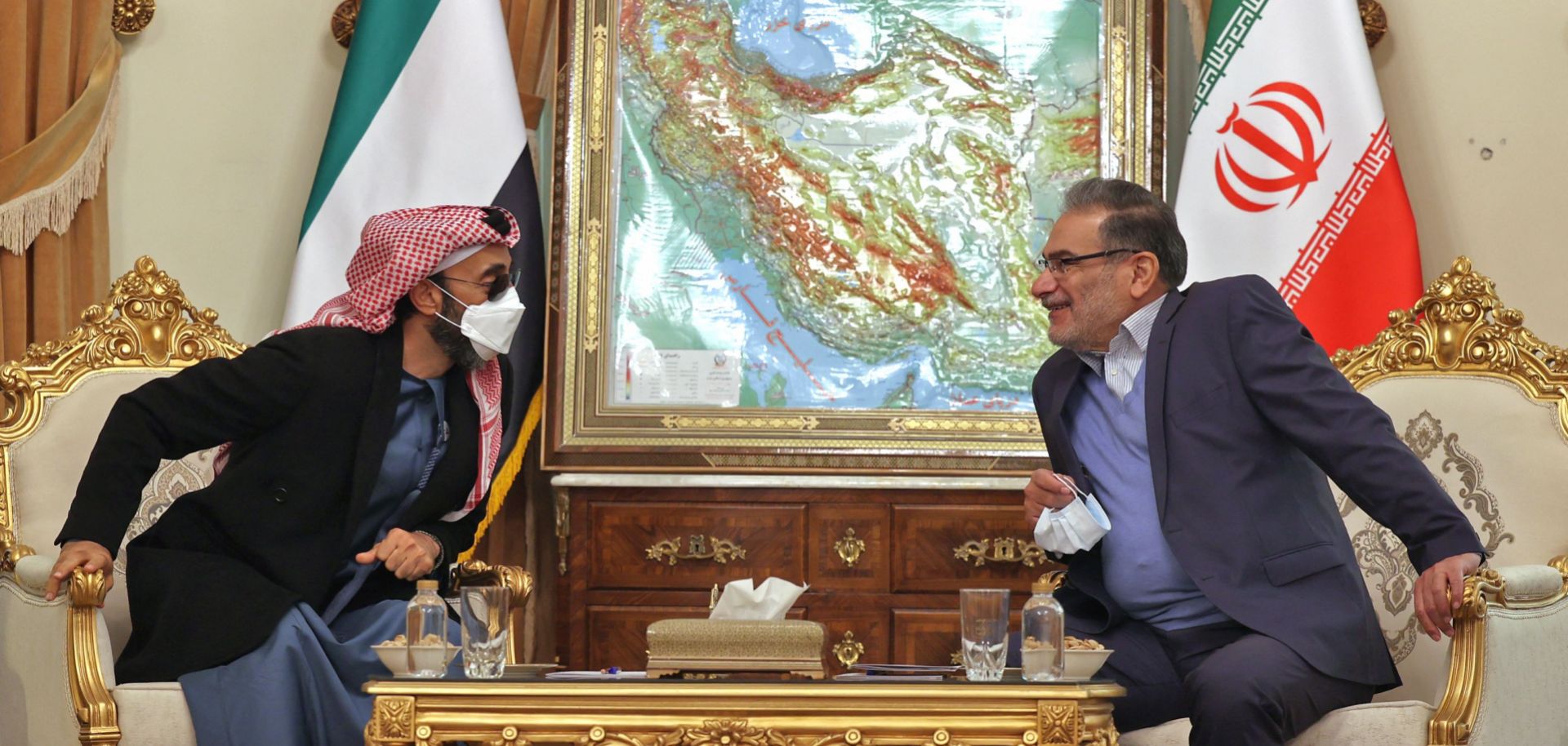 Secretary of Iran’s Supreme National Security Council Ali Shamkhani (right) meets with the United Arab Emirates’ security adviser Sheikh Tahnoon bin Zayed Al Nahyan in Tehran on Dec. 6, 2021. 