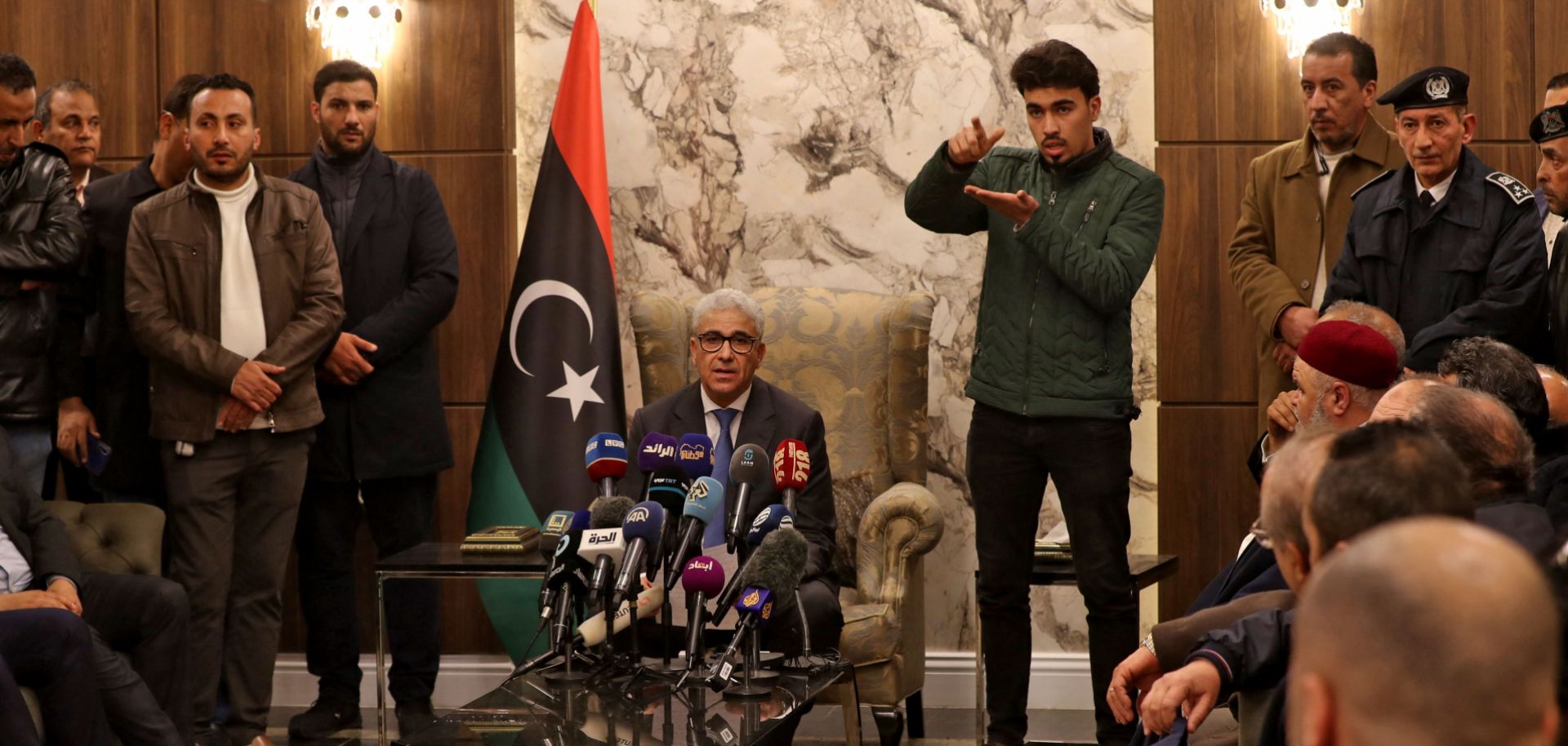 Fathi Bashagha delivers a speech in Tripoli, Libya, after east-based lawmakers named him as the head of a new interim government on Feb. 10, 2022.