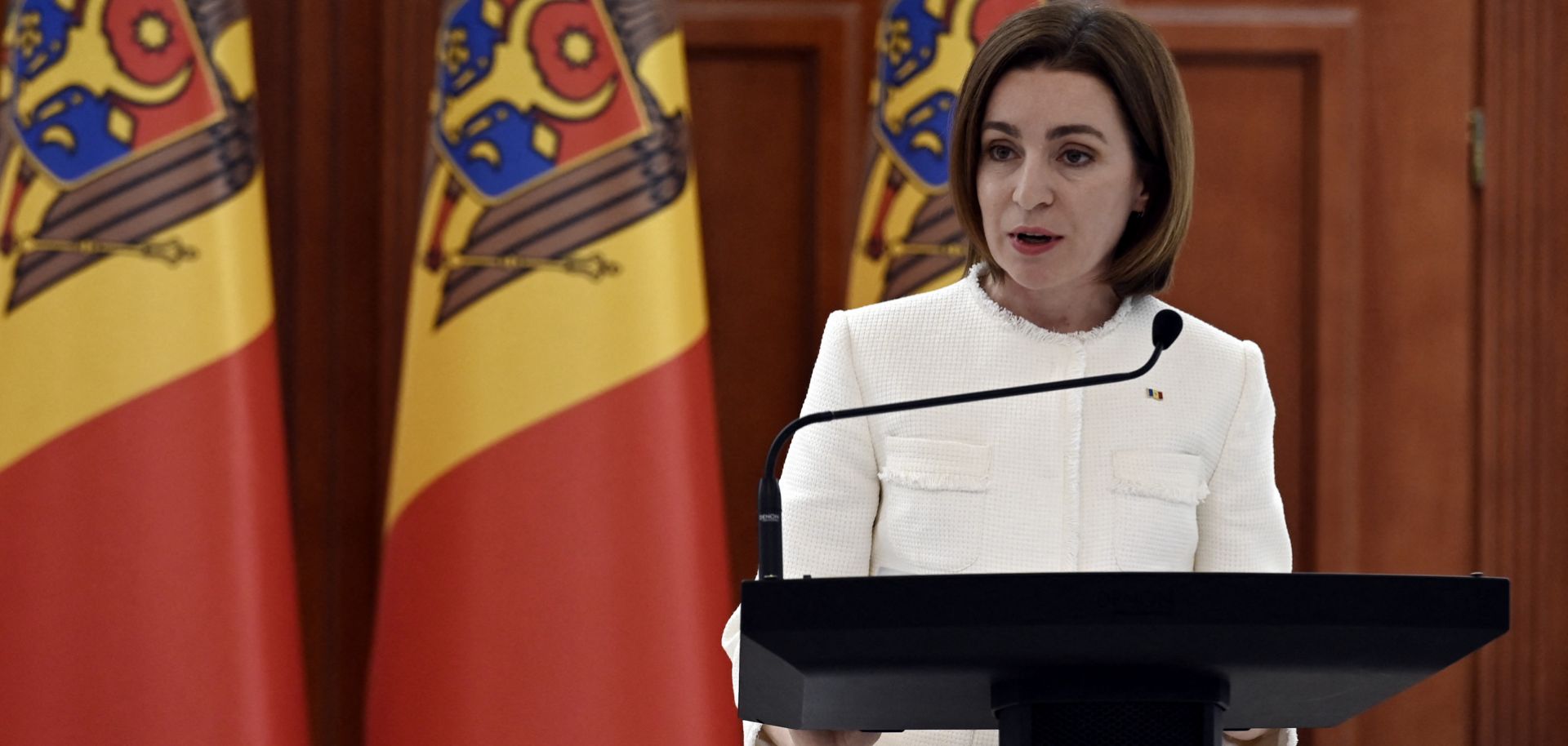 Moldovan President Maia Sandu speaks during a press conference in Chisinau on March 6, 2022. 