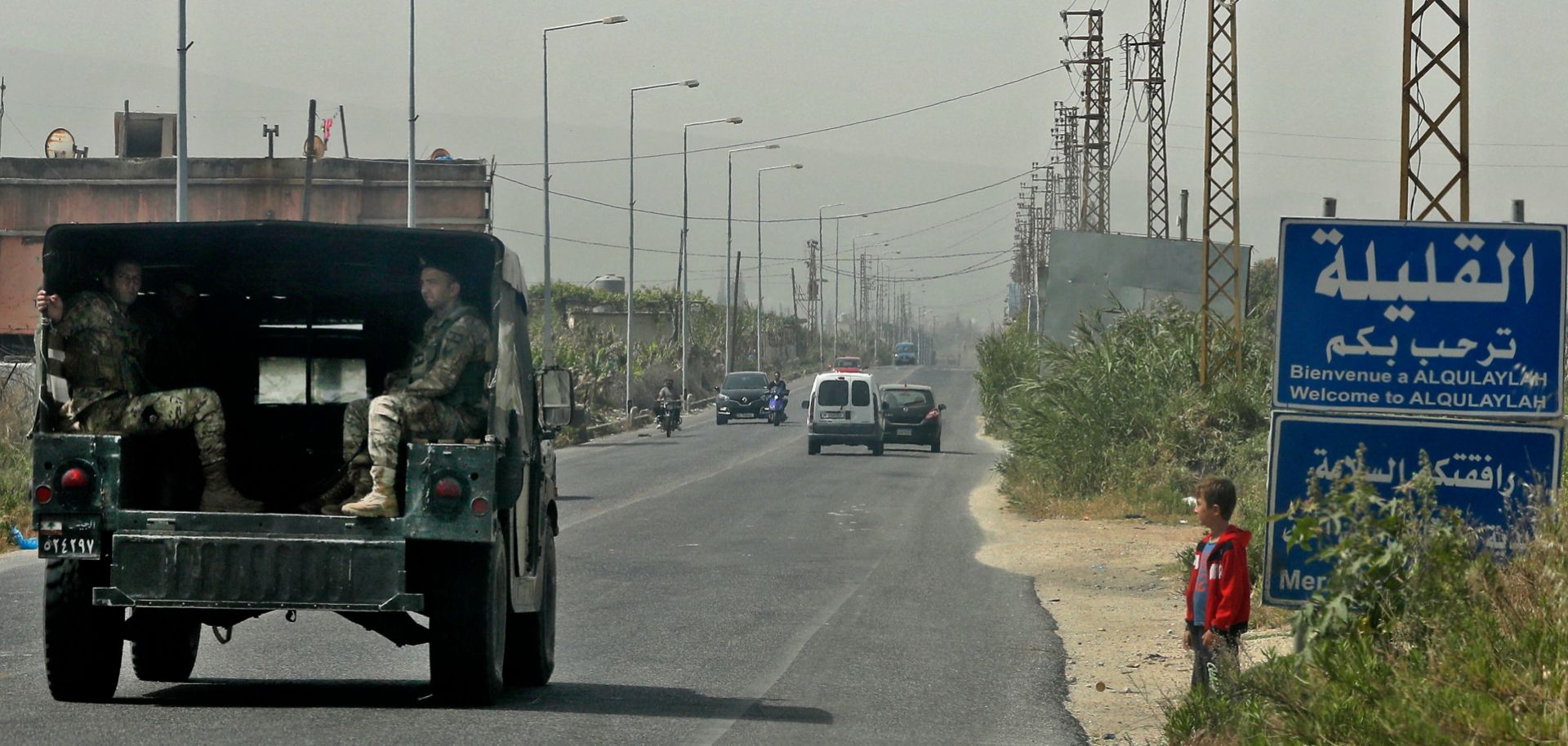 A Lebanese army vehicle patrols a road in a southern Lebanese town close to the border with Israel on April 25, 2022. 