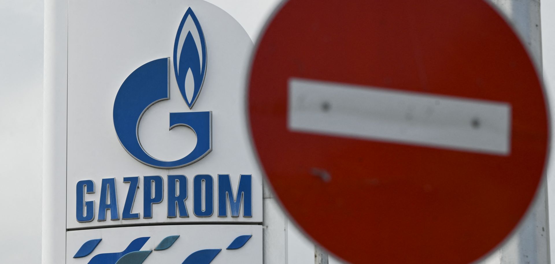 The logo of Russia's energy giant Gazprom is seen at a gas station in Sofia, Bulgaria, on April 27, 2022. 