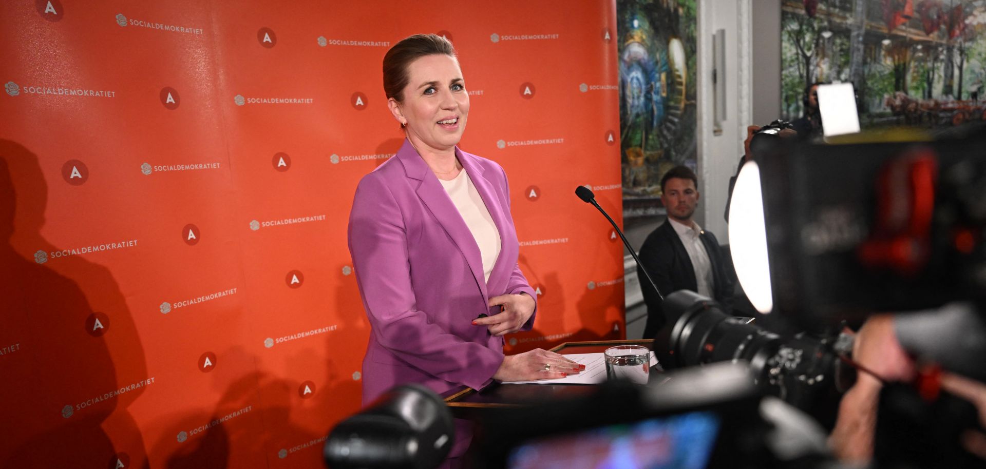 Danish Prime Minister Mette Frederiksen speaks to journalists in Copenhagen on June 1, 2022, after the initial results of a historic referendum on Denmark's EU defense opt-out were announced.