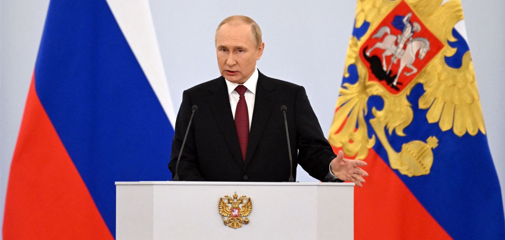 Russian President Vladimir Putin gives a speech at the Kremlin in Moscow on Sept. 30, 2022. 