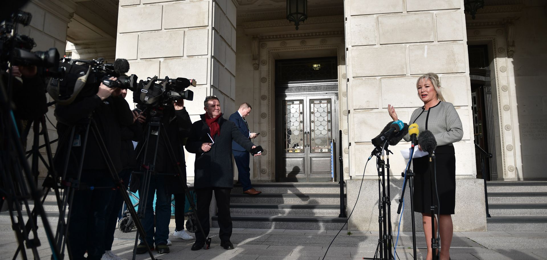 Sinn Fein vice president Michelle O'Neill holds a press conference outside the Northern Ireland Assembly in Belfast on Nov. 9, 2022, after the United Kingdom announced an extended deadline for Northern Ireland's main parties to form a government before a new election is triggered. 