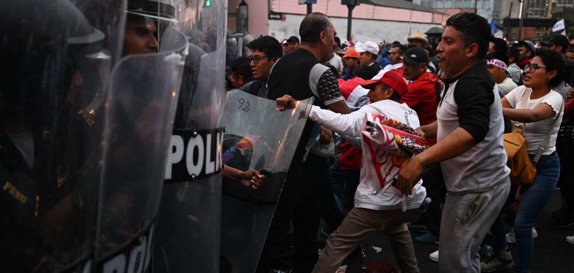 Protestors clash with the police in Lima, Peru, during a demonstration against Peruvian President Dina Boluarte's government on Jan. 4, 2023. 