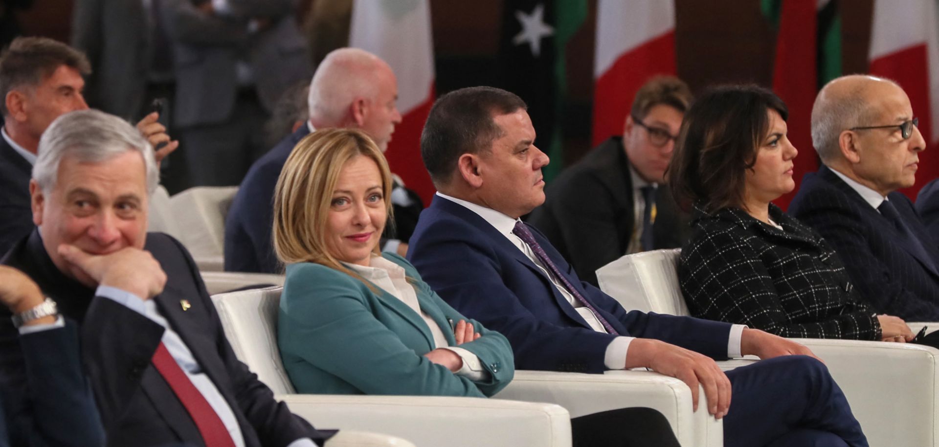 Italian Prime Minister Giorgia Meloni (2nd L) and Libya's Tripoli-based Prime Minister Abdul Hamid Dbeibah (3rd L) attend an agreement-signing ceremony between Italian multinational oil and gas company Eni and the Libyan National Oil Corporation in Tripoli, Libya, on Jan. 28, 2023.