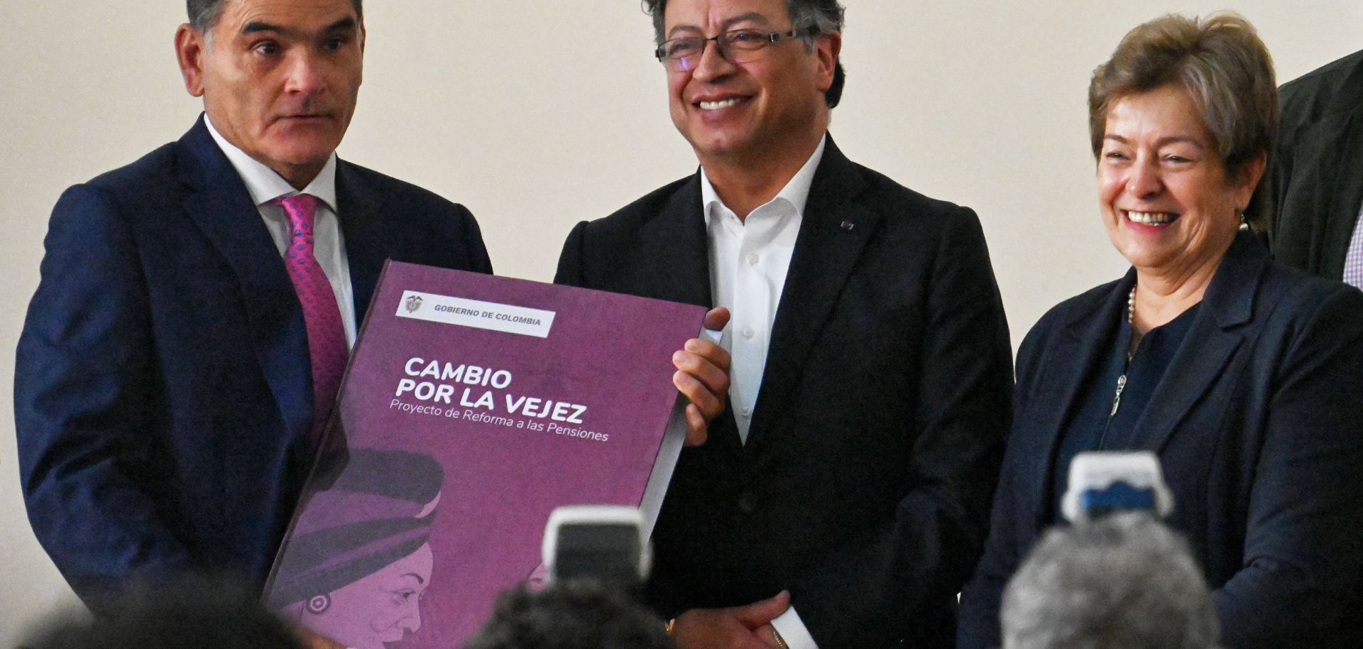 Colombian President Gustavo Petro (center) presents his government's pension reform bill to lawmakers in Congress in Bogota, Colombia, on March 22, 2023. 