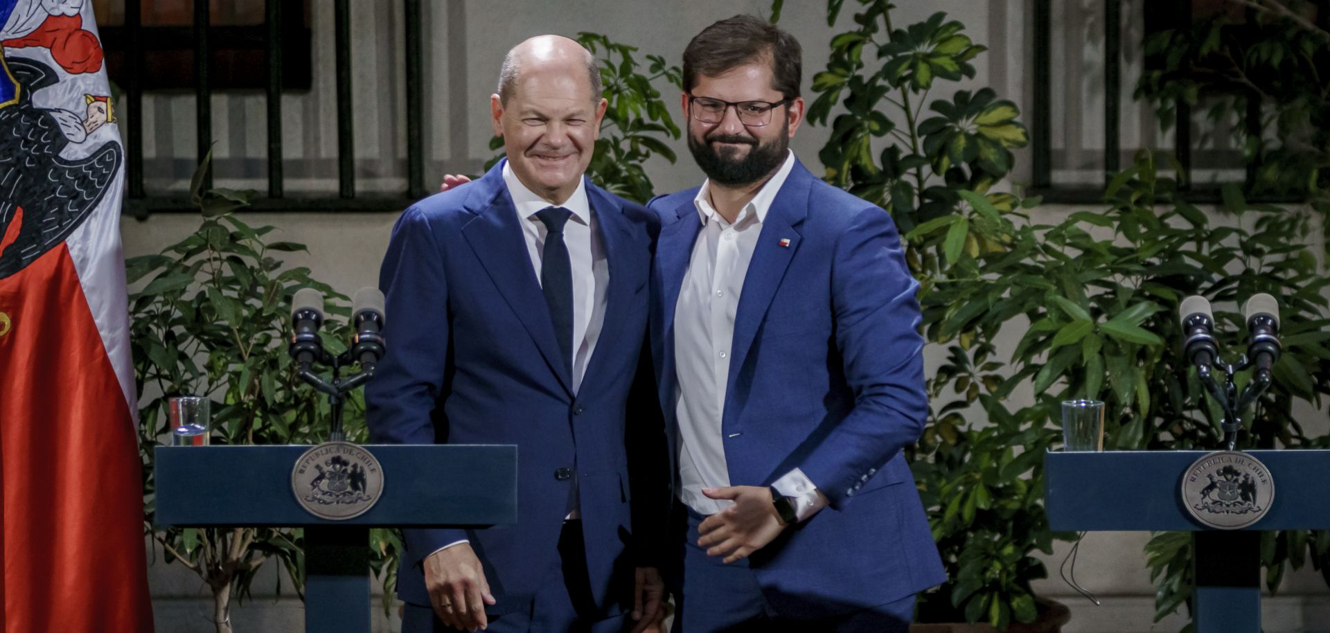 Chilean President Gabriel Boric (right) and German Chancellor Olaf Scholz (left) pose after holding a joint press conference at the Palacio de La Moneda in Santiago, Chile, on Jan. 29, 2023. 