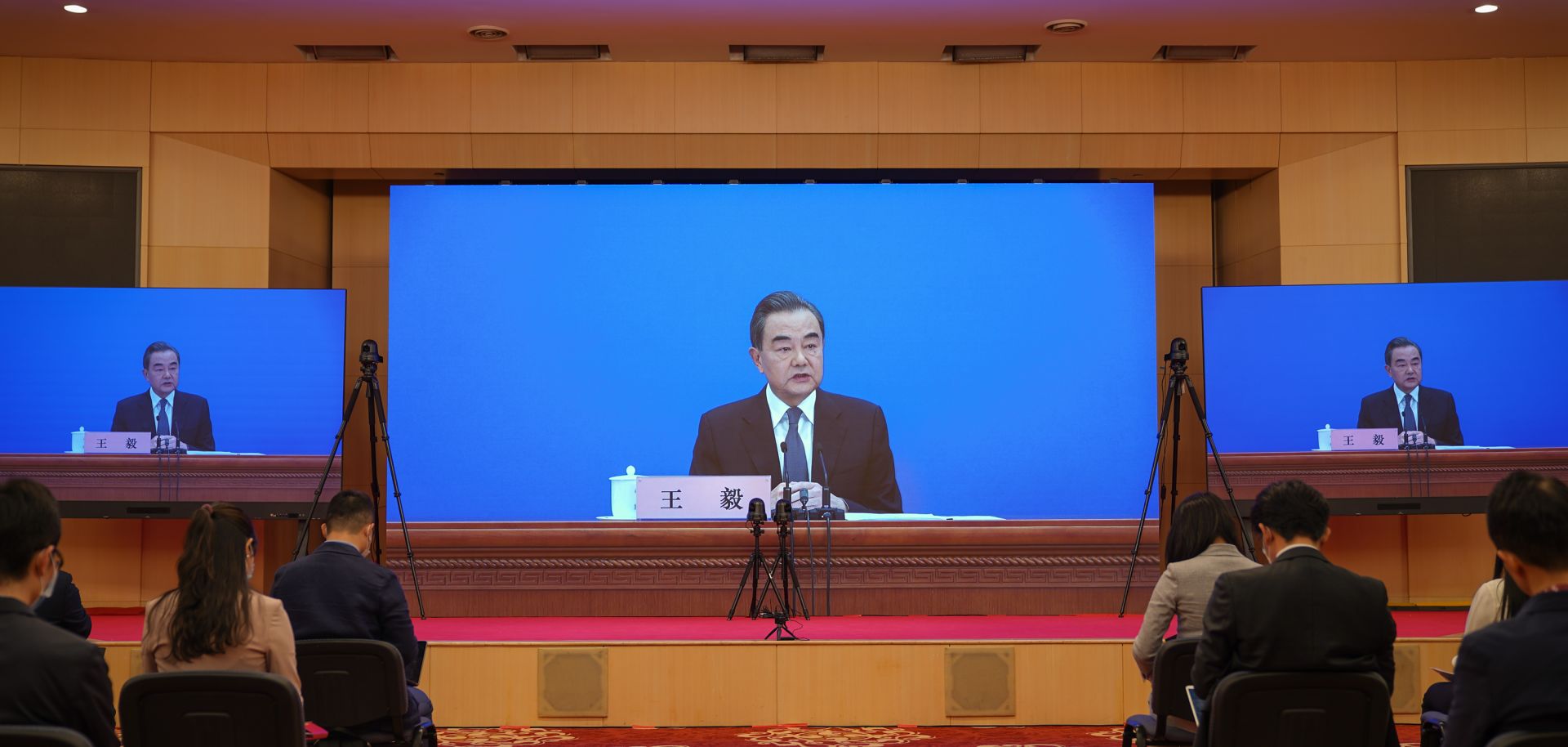 Chinese Foreign Minister Wang Yi answers questions during a video press conference on May 24, 2020, in Beijing, China.