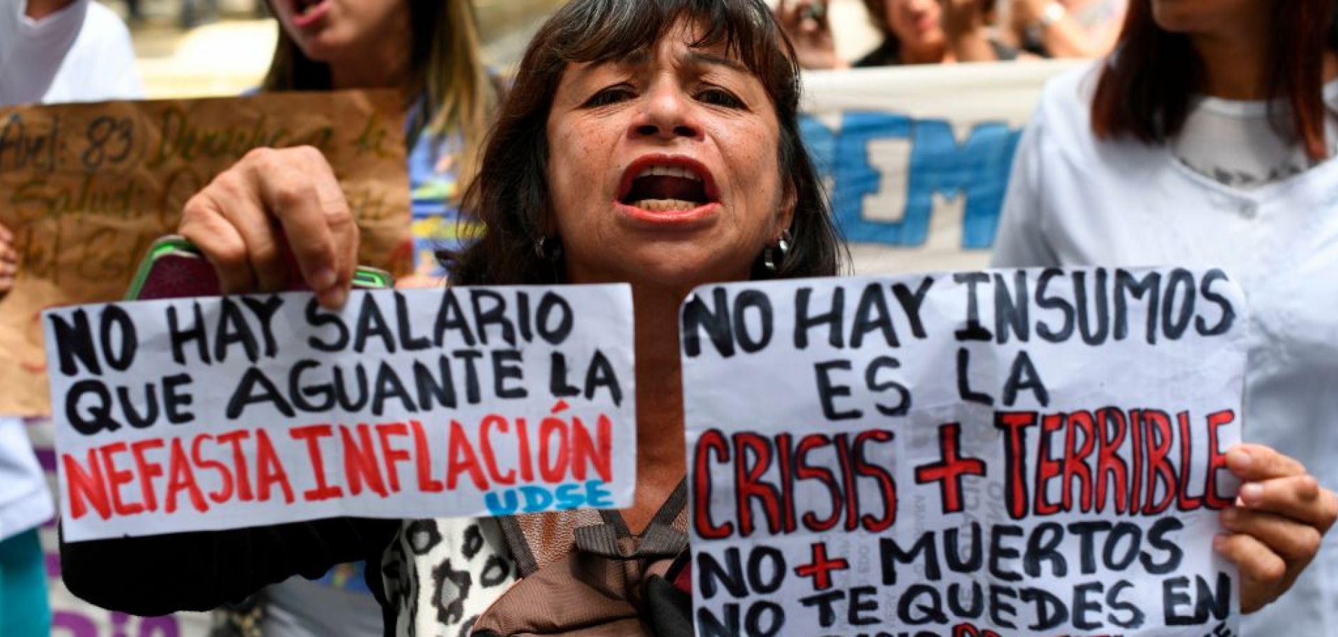 Nurses demand better wages and to be paid in dollars amid inflation and economic crisis on Nov. 19, 2019, in Caracas, Venezuela.