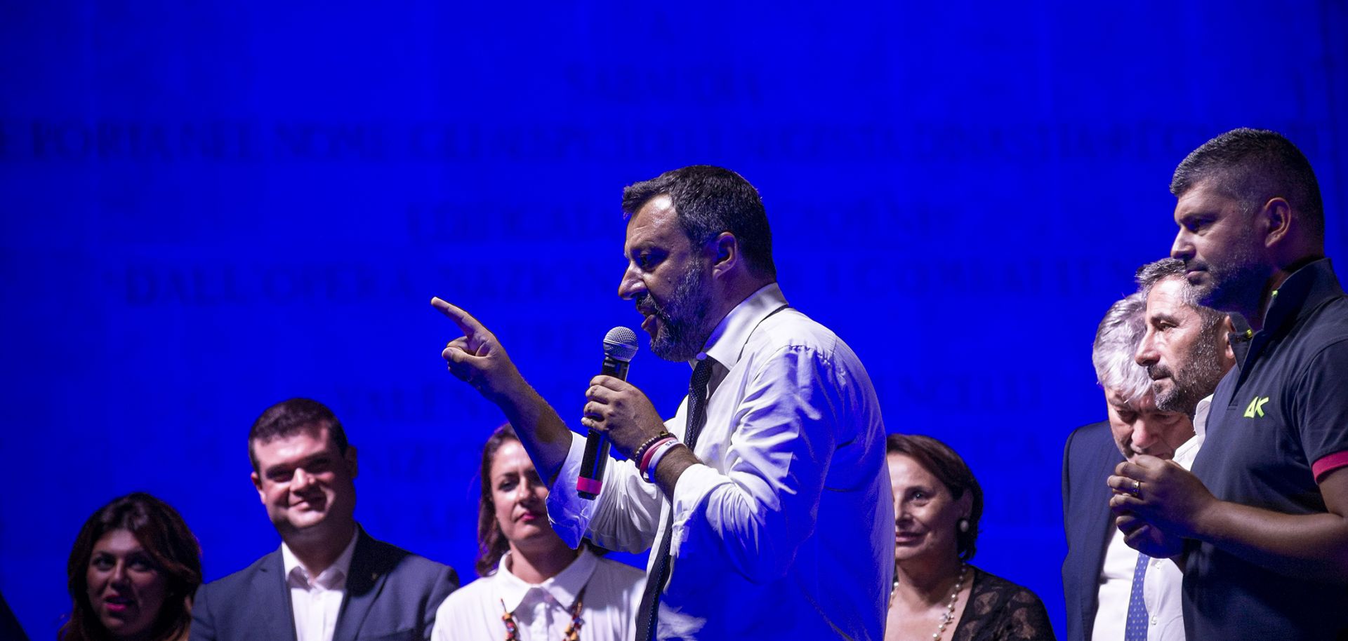 Italian Deputy Prime Minister and Interior Minister Matteo Salvini speaks Aug. 7, 2019, in Sabaudia, Italy.