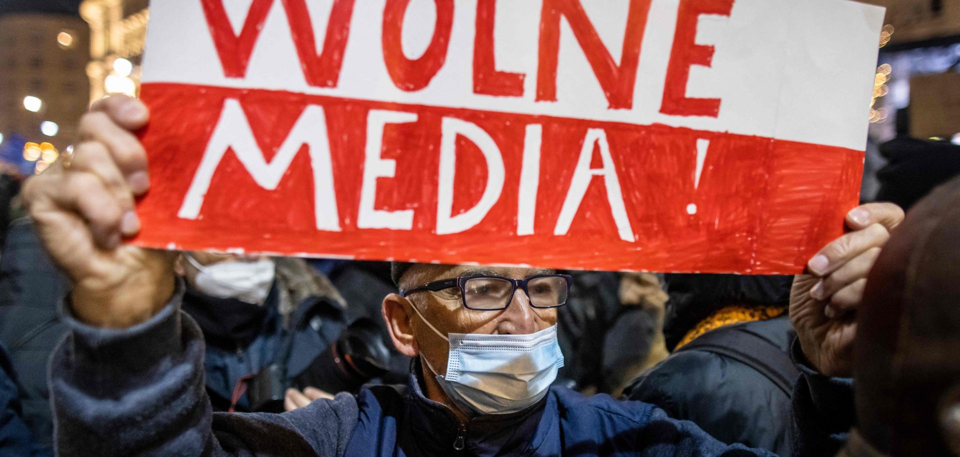 A demonstration against a Polish parliamentary vote seen as impinging on press freedoms Dec. 19, 2021, in Warsaw, Poland.