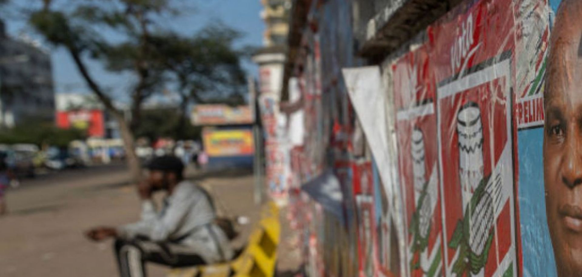 Frelimo electoral posters are plastered on a wall in Maputo, Mozambique, on Aug. 24, 2024, the first day of the presidential campaign season ahead of the general election on Oct. 9, 2024.