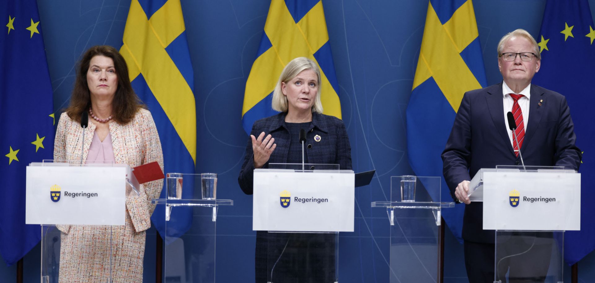 (L to R) Sweden's foreign minister, prime minister and defense minister hold a press conference in Stockholm on the gas leak found on the Nord Stream 1 pipeline in the Baltic Sea on Sept. 27, 2022. 