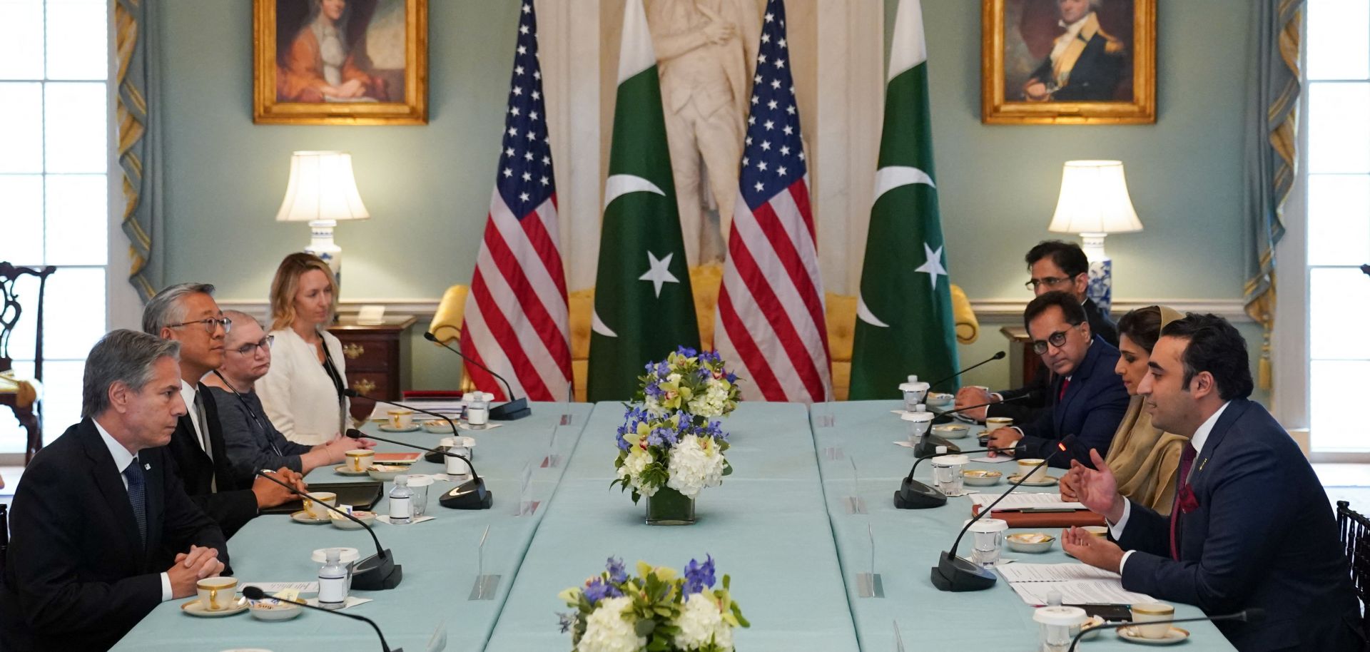 A delegation led by U.S. Secretary of State Antony Blinken (left) meets with a delegation led by Pakistani Foreign Minister Bilawal Bhutto-Zardari at the State Department in Washington, D.C., on Sept. 26, 2022.