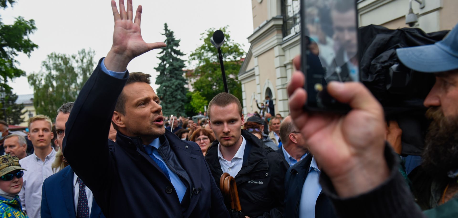 Warsaw Mayor Rafal Trzaskowski, one of the main opposition candidates running in Poland's 2020 presidential election, greets locals and supporters in Wieliczka, Poland, during a campaign event on June 5, 2020.