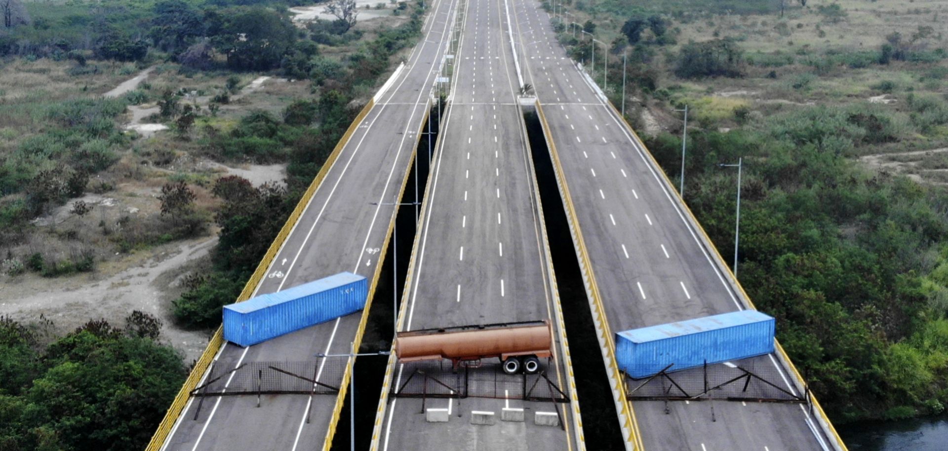 The Venezuelan military blocked the Tienditas International Bridge on the Colombian border on Feb. 5, 2019, to prevent aid supplies from entering the country.