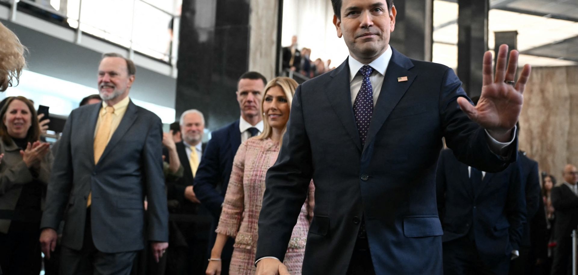 U.S. Secretary of State Marco Rubio and his wife Jeanette Rubio arrive at the State Department in Washington, D.C., to speak to employees on Jan. 21, 2025. 