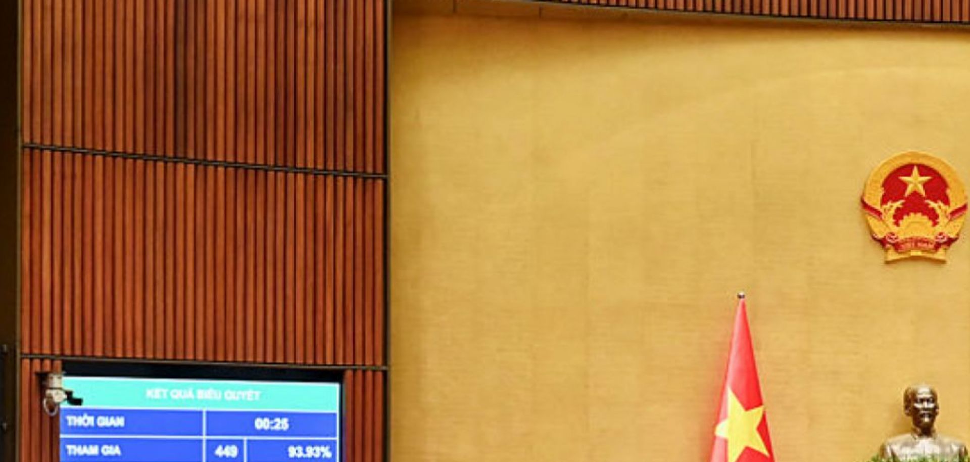 Vietnamese lawmakers vote on a merger of provinces and cities at the National Assembly in Hanoi on June 12, 2025.