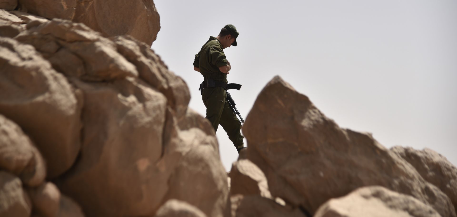 An Algerian soldier on patrol in the Tamanrasset Desert south of Algiers.