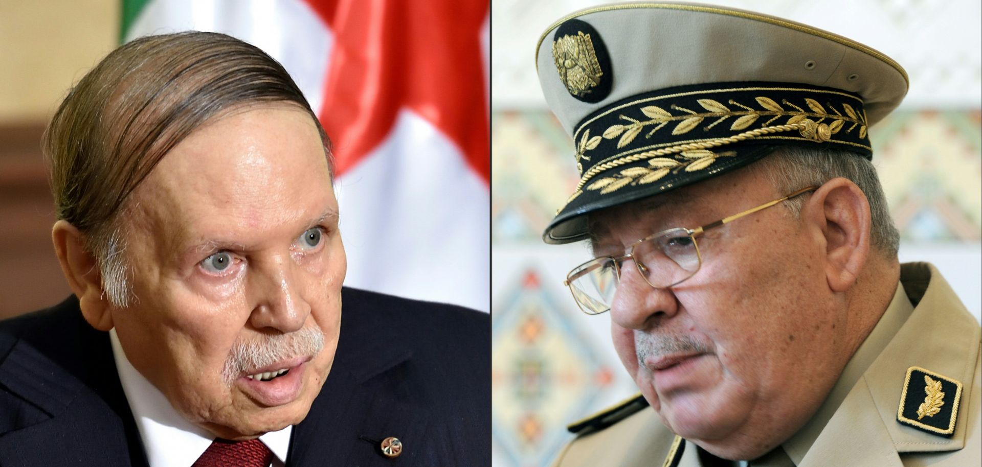 A combination image created on March 26 shows Algerian President Abdel Aziz Bouteflika (L) during an official visit to Zeralda, a suburb of the capital Algiers on April 10, 2016, and Algerian Chief of Staff Gen. Ahmed Gaid Salah at the Houari-Boumediene International Airport in Algiers, on May 20, 2014.