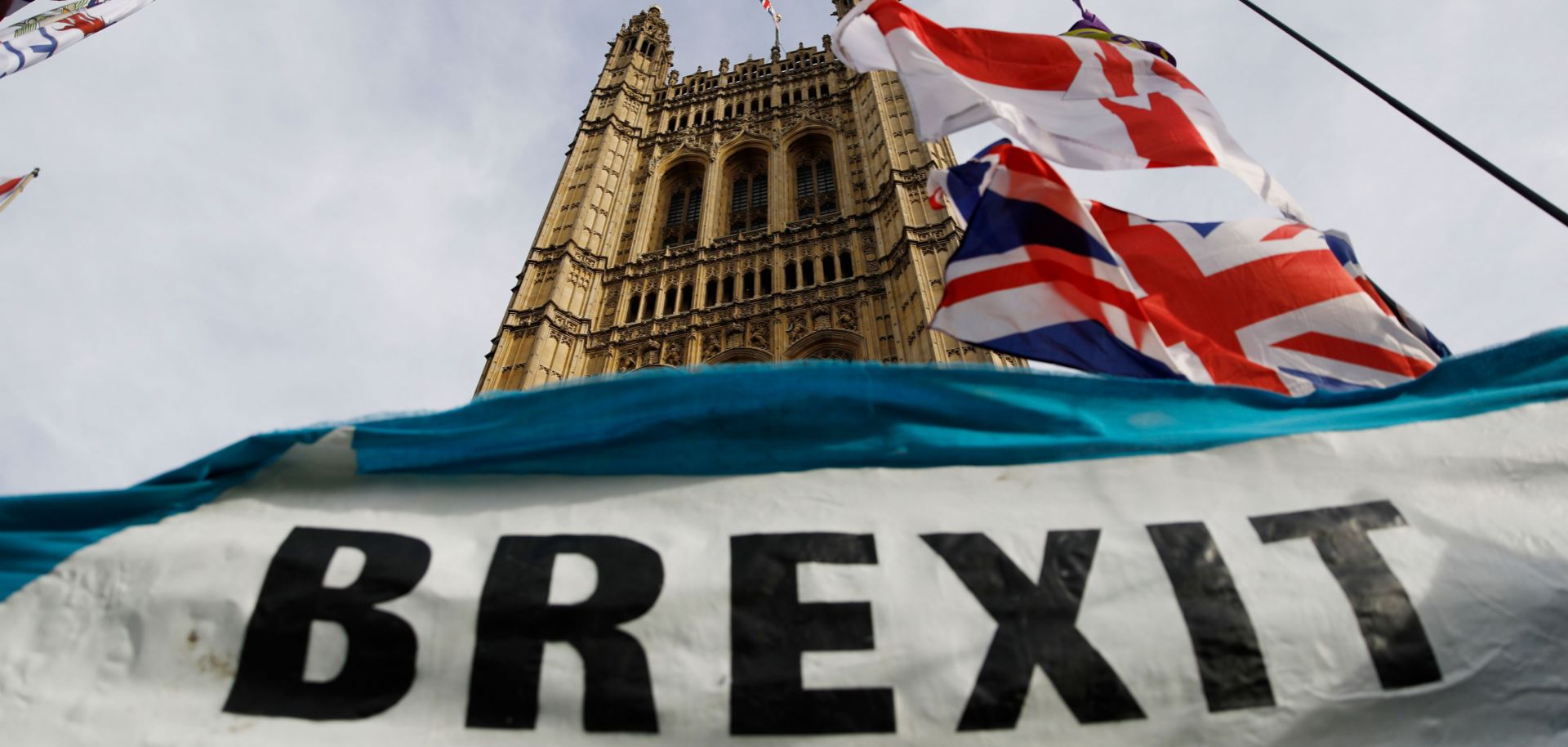A pro-Brexit banner is seen outside the Houses of Parliament in London on Oct. 30. 2019.