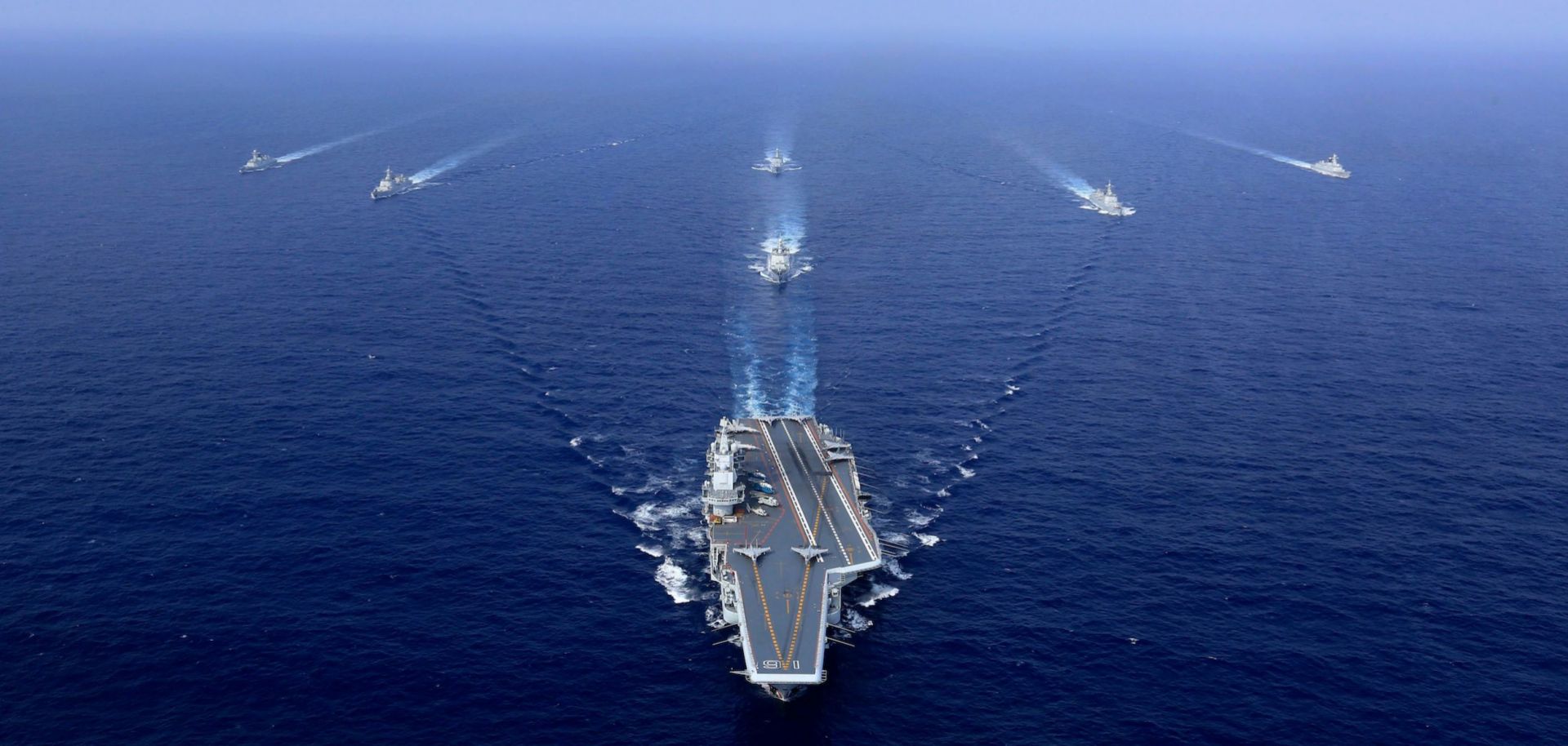 This photo taken on April 18 shows China's sole operational aircraft carrier, the Liaoning, during a drill at sea.