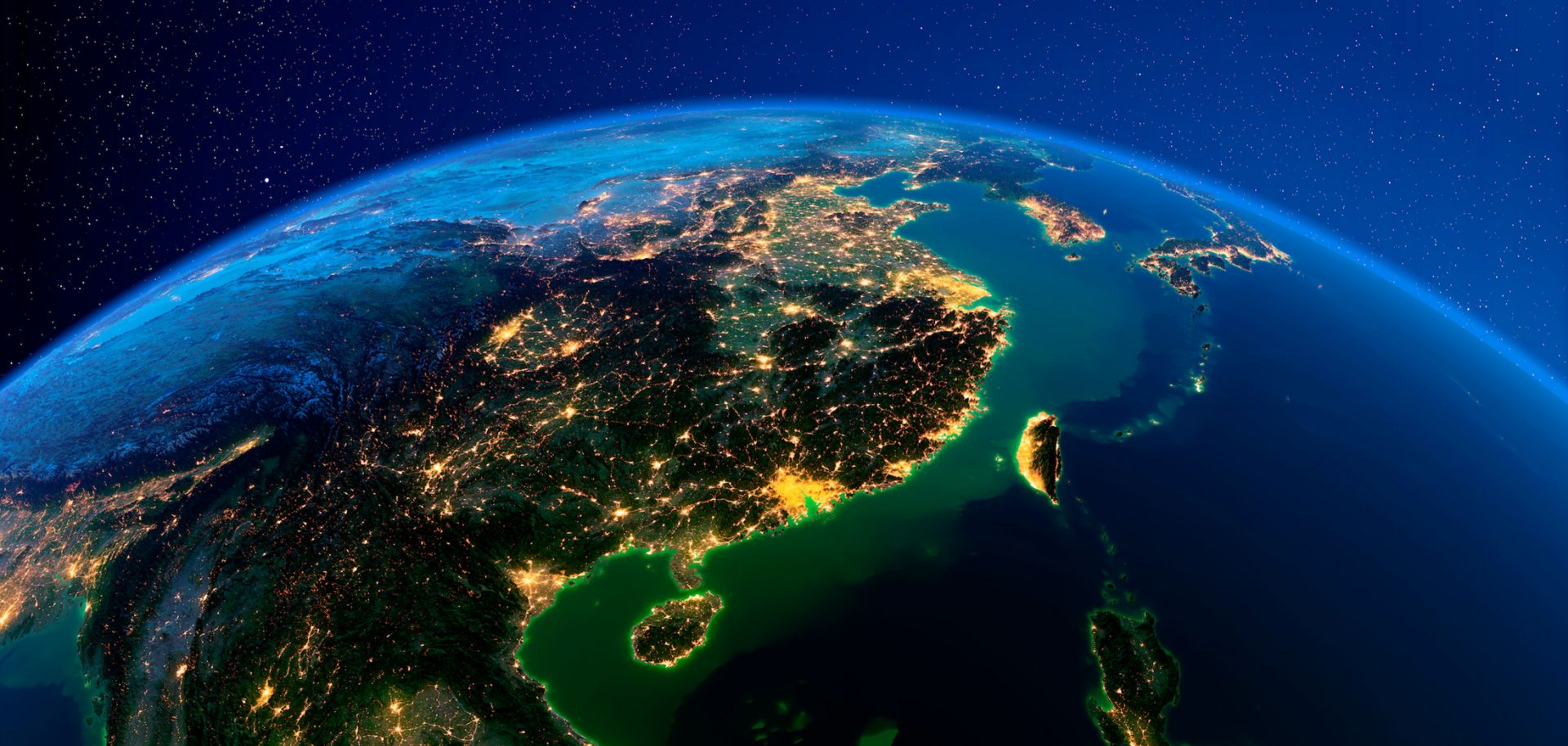A 3D rendering of eastern China and the island of Taiwan lit by city lights from space.