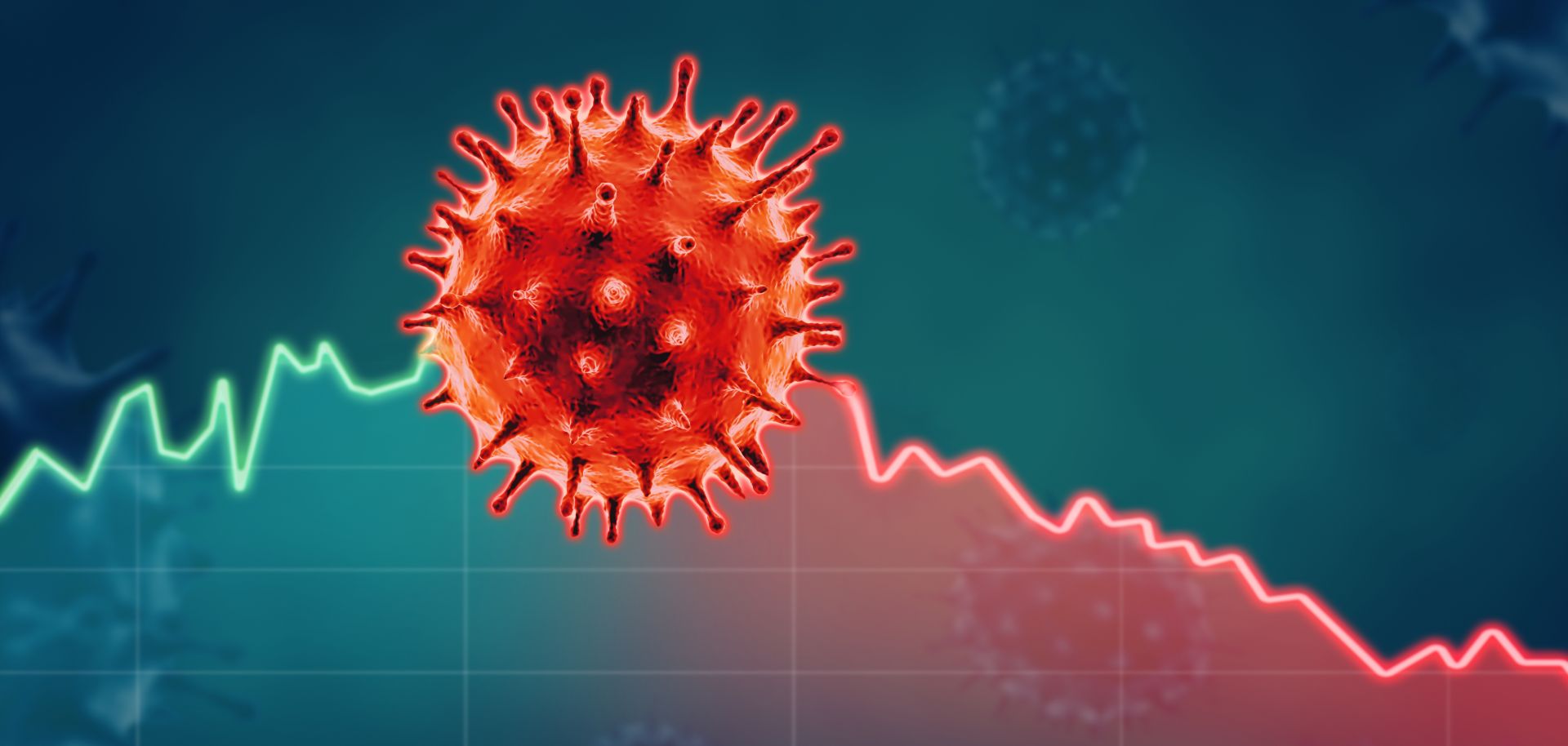 A colorful and conceptual 3D illustration of the novel coronavirus.