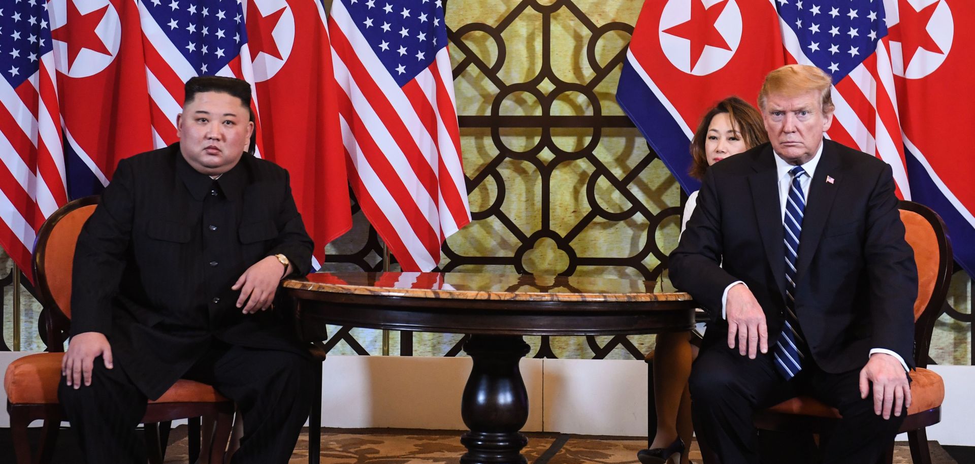 U.S. President Donald Trump (R) holds a meeting with North Korean leader Kim Jong Un during the second U.S.-North Korea summit in Hanoi on Feb. 28, 2019. 