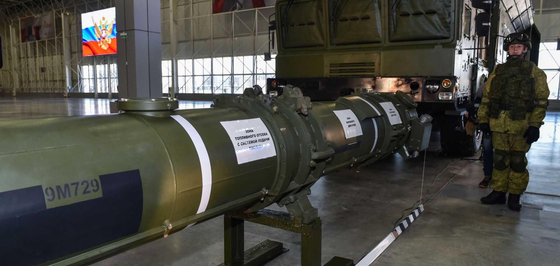 Russian Defense Ministry officials show off the Russia's 9M729 cruise missile at the military Patriot Park outside Moscow on Jan. 23, 2019.