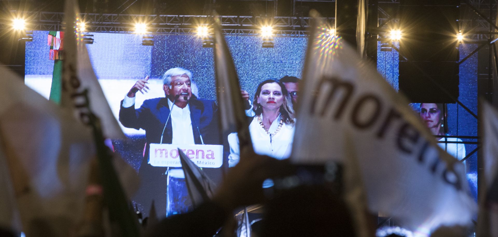 Mexico's new president, Andres Manuel Lopez Obrador, speaks July 1 during a celebration at Zocalo square in Mexico City.