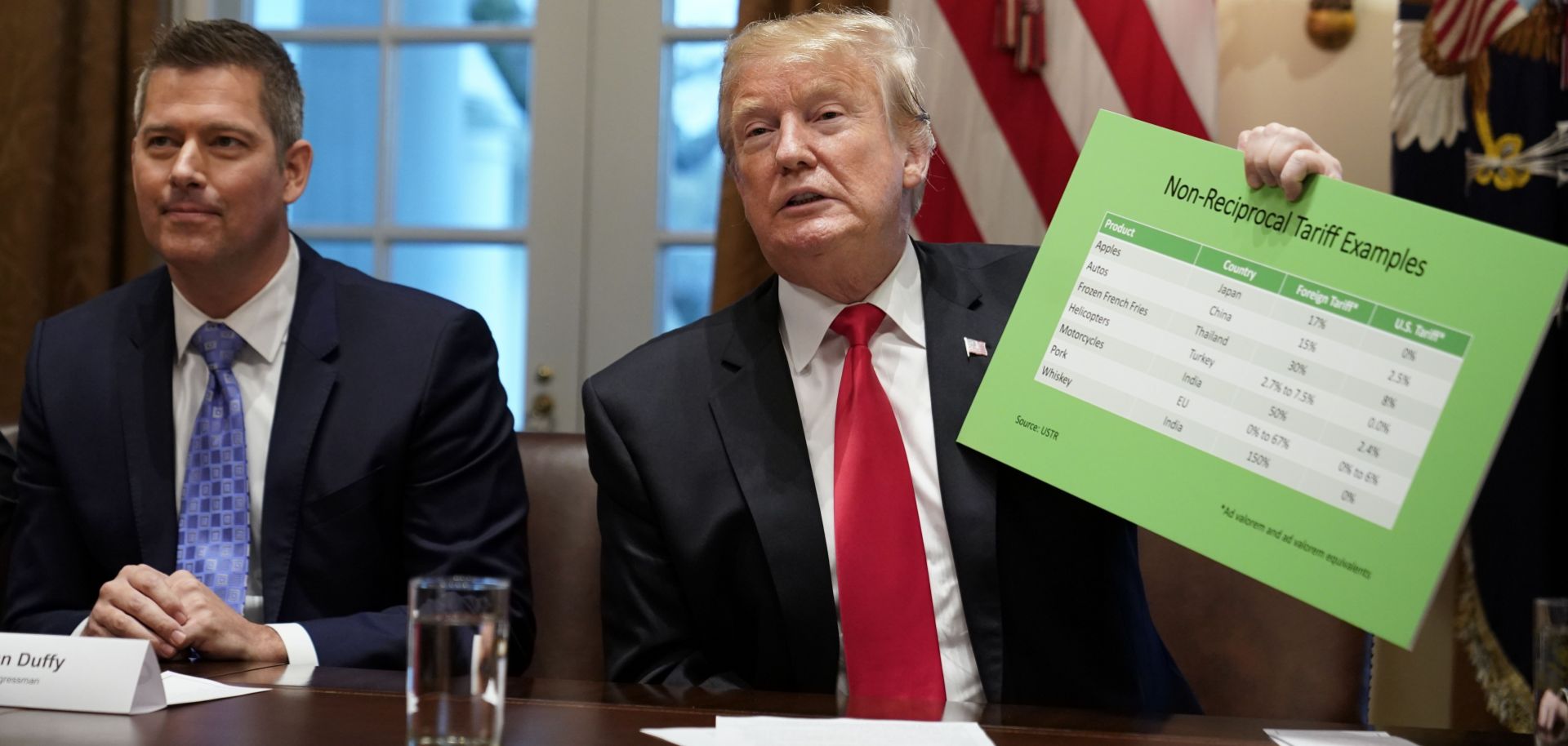 U.S. President Donald Trump holds a tariff table as he speaks in the Cabinet Room of the White House on Jan. 24, 2019.