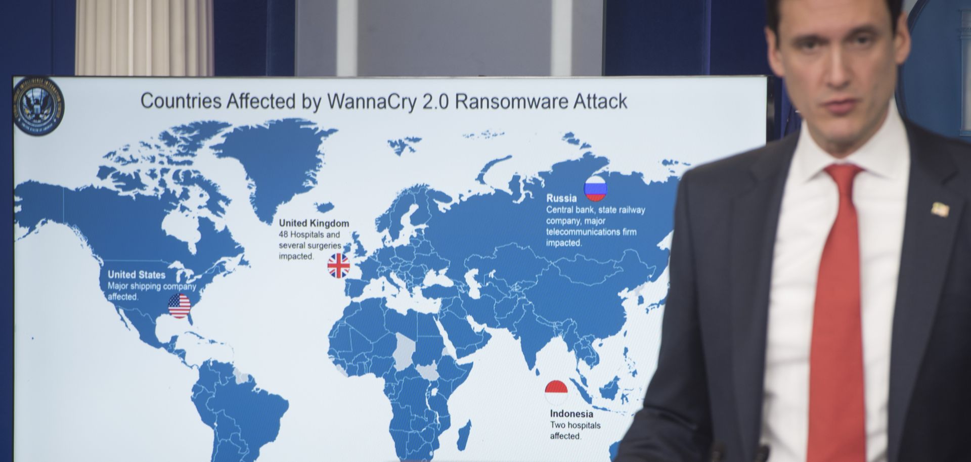 White House homeland security adviser Tom Bossert speaks about the WannaCry virus, which was tied to North Korea, during a briefing at the White House in Washington on Dec. 19, 2017. 