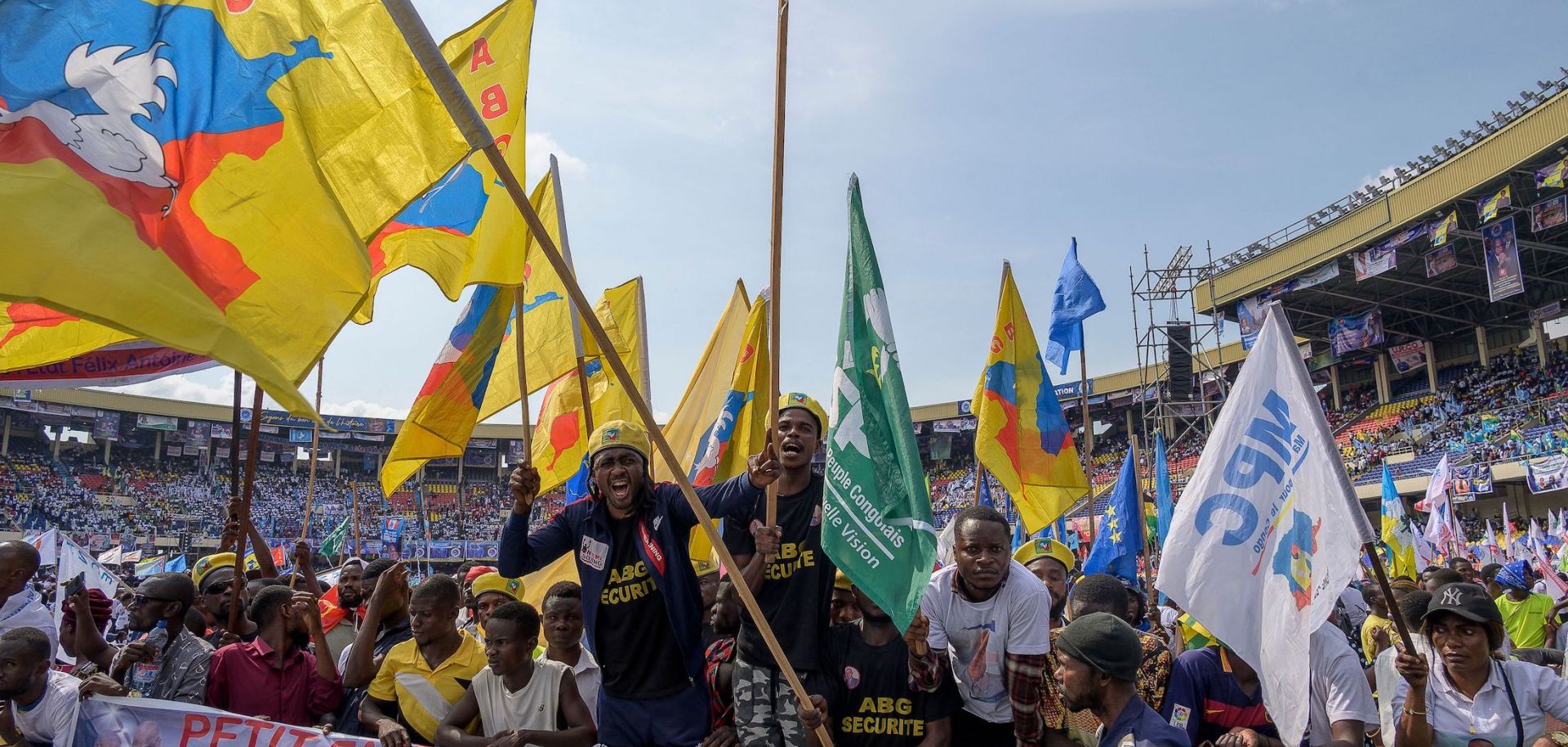 Supporters of the Democratic Republic of the Congo's ruling Sacred Union coalition gather at the Martyrs Stadium in Kinshasa on April 29, 2023.