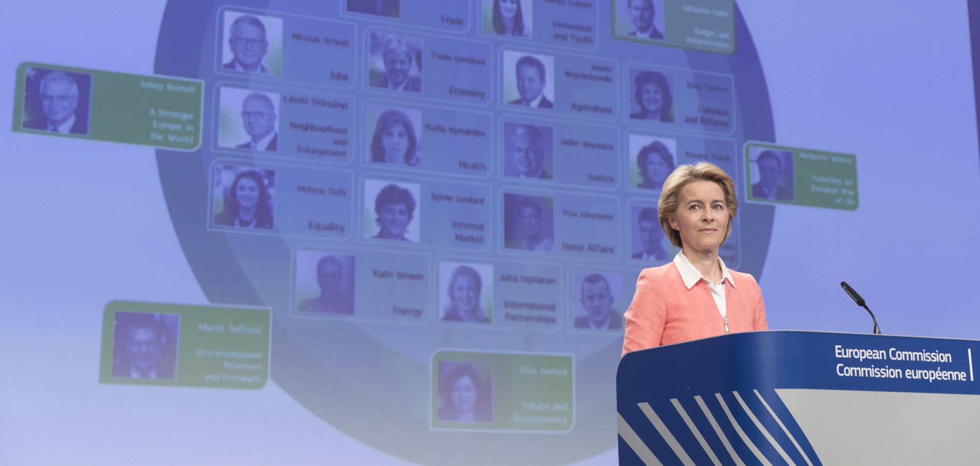 The European Commission's president-elect, Ursula von der Leyen, talks to the media during the unveiling of her new team for the 2019-2024 term. A graphic showing the specific commissioners is displayed on a large screen behind her.
