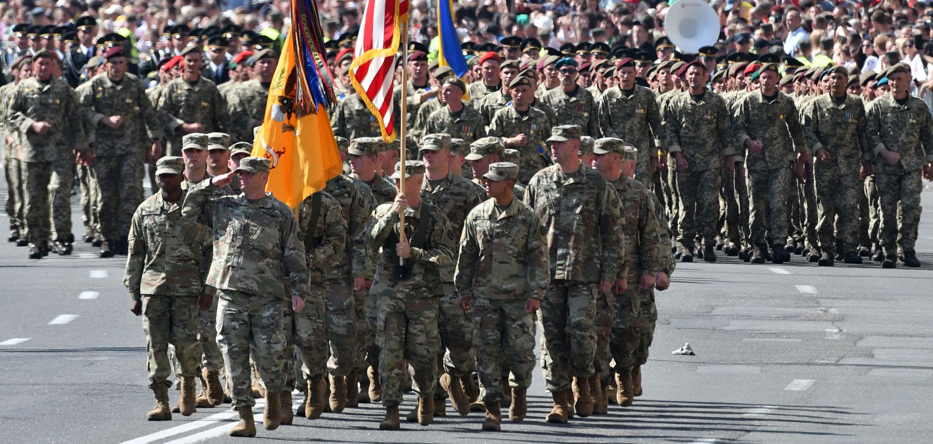 U.S. soldiers take part in a military parade in Kiev on Aug. 24, 2018, to celebrate the 27th anniversary of Ukraine's independence from the Soviet Union.