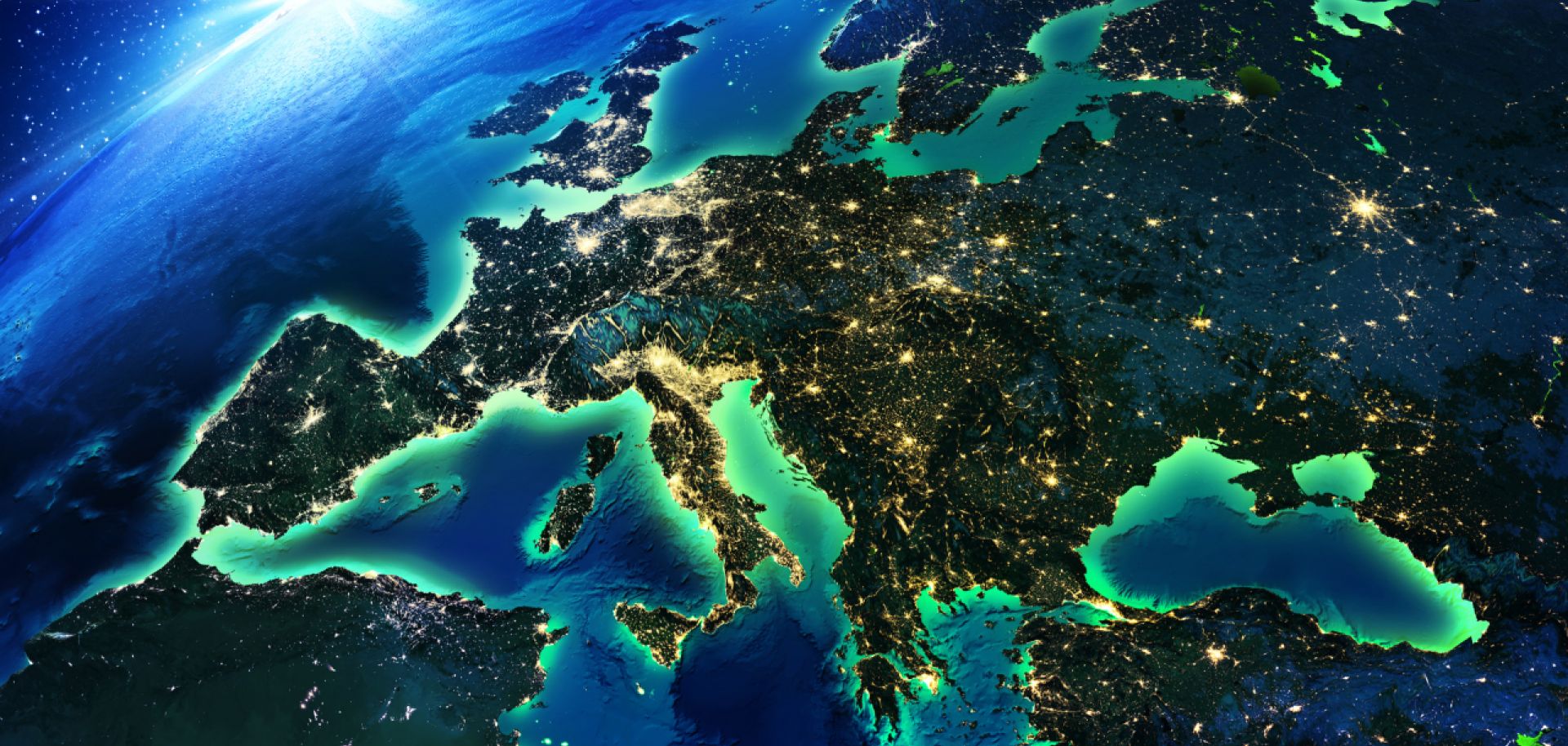 A satellite image shows Europe at night.