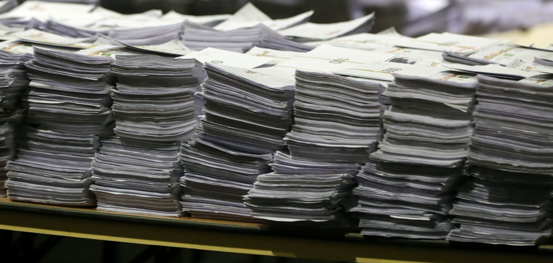 Stacks of ballot papers sit on a table during the count of the Dublin Constituency for the European Parliamentary elections at the Royal Dublin Society in Dublin, Ireland.