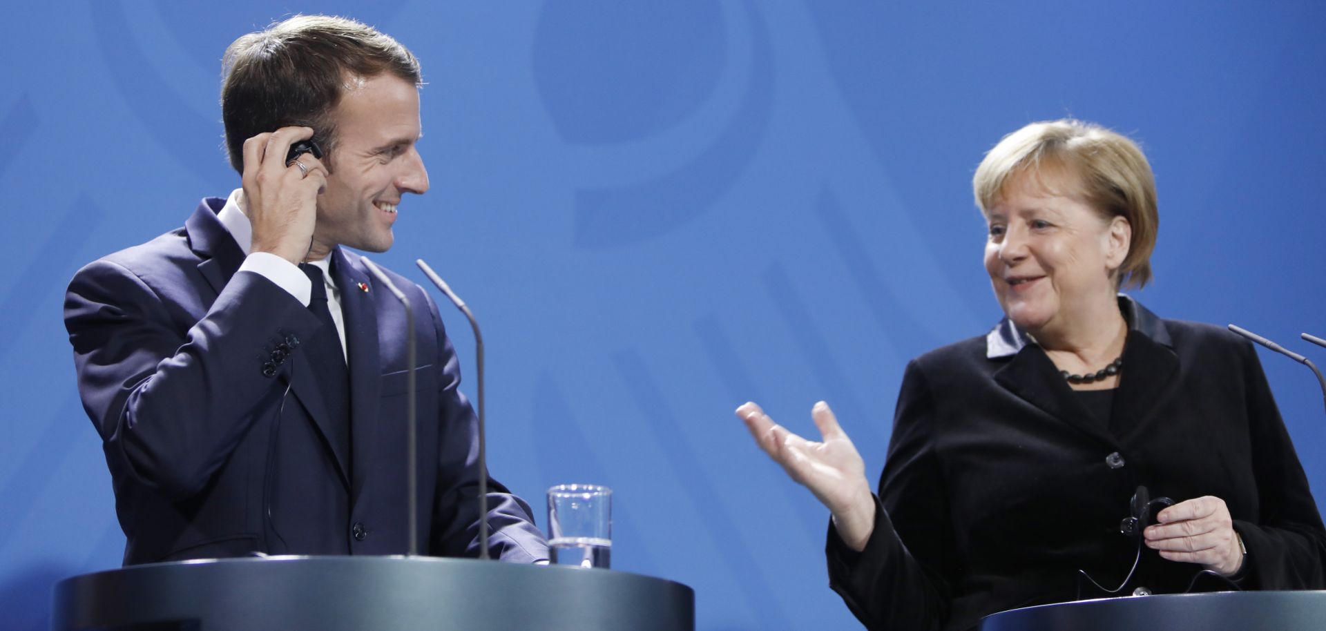 German Chancellor Angela Merkel (R) and French President Emmanuel Macron address the media during a press conference in the German chancellery on Nov. 18, 2018, in Berlin.