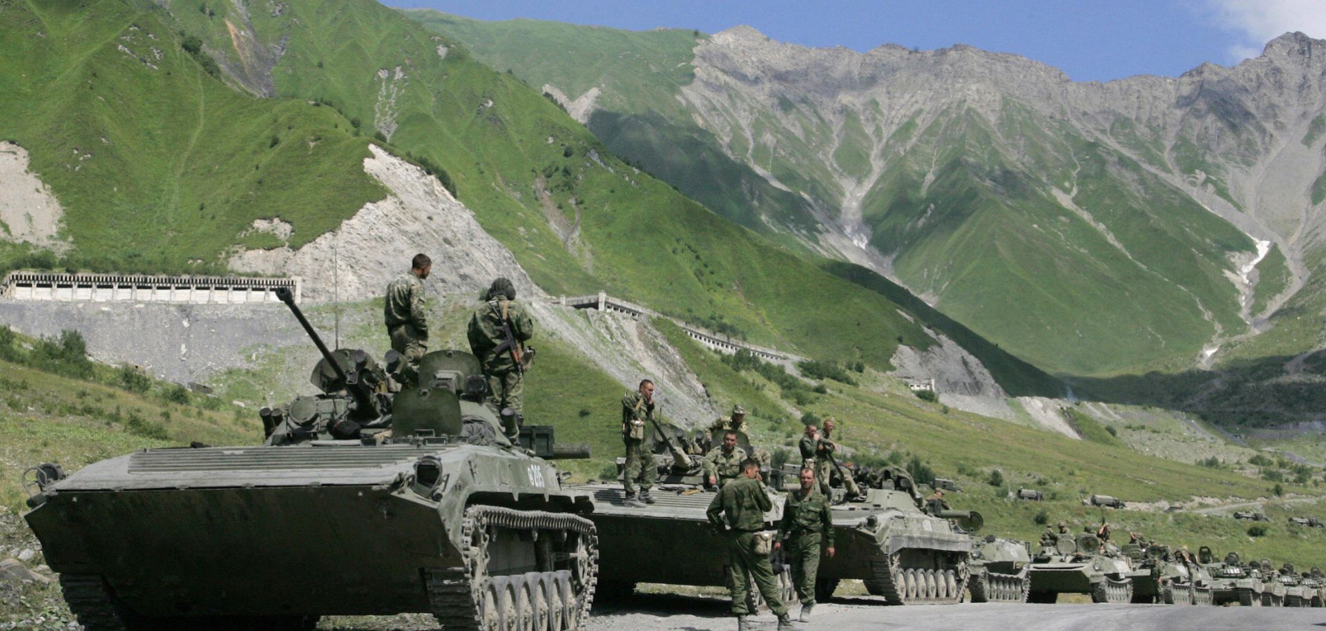 A Russian convoy heads into South Ossetia on Aug. 8, 2008, to respond to fighting there between Georgian and separatist forces
